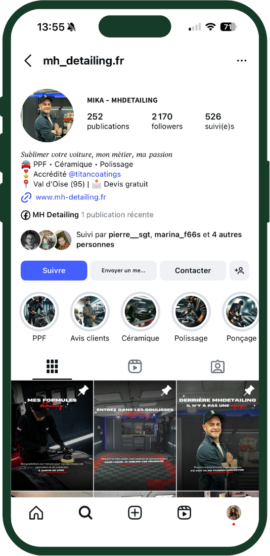 Profil Instagram MH Detailing sur mobile
